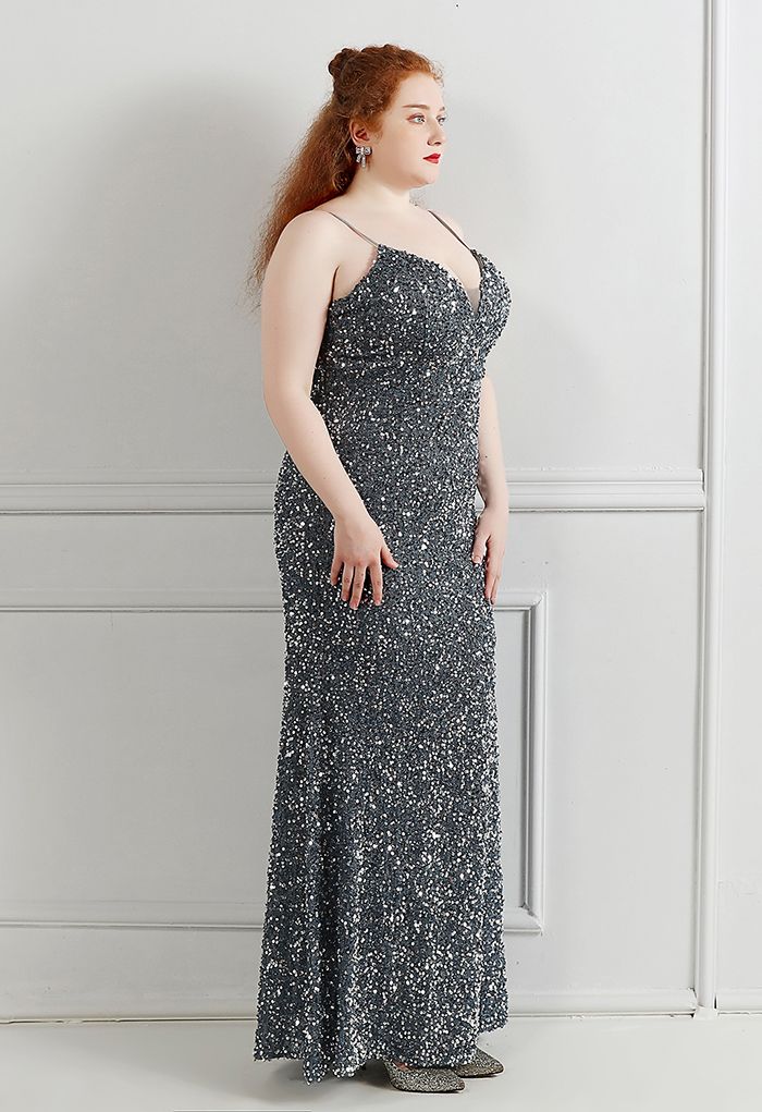 Mesh Inserted Sequined Mermaid Cami Gown in Smoke