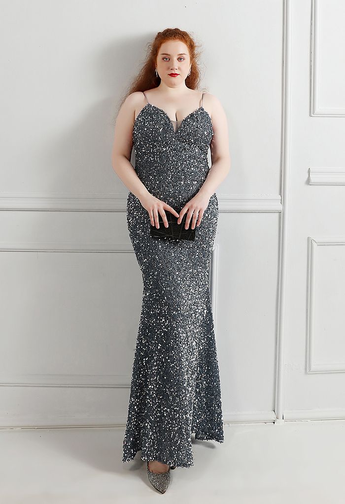 Mesh Inserted Sequined Mermaid Cami Gown in Smoke