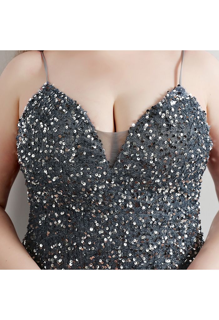 Mesh Inserted Sequined Mermaid Cami Gown in Smoke