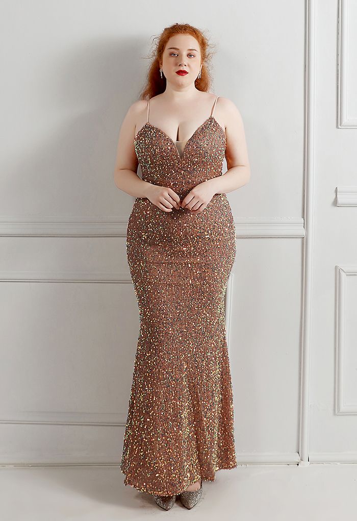 Mesh Inserted Sequined Mermaid Cami Gown in Brown