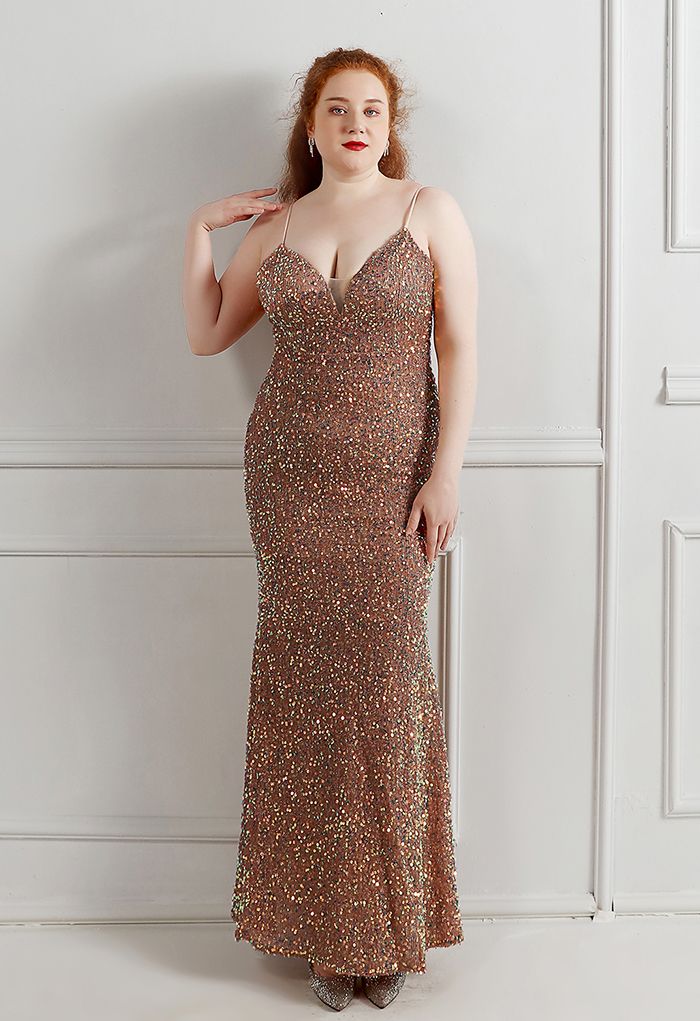 Mesh Inserted Sequined Mermaid Cami Gown in Brown