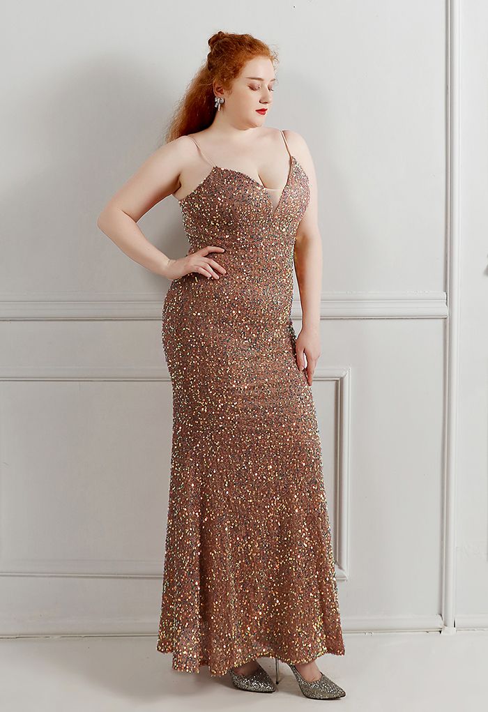 Mesh Inserted Sequined Mermaid Cami Gown in Brown