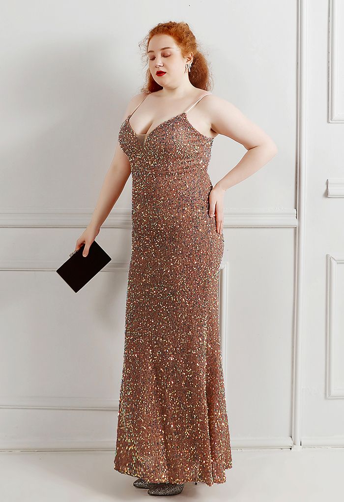 Mesh Inserted Sequined Mermaid Cami Gown in Brown