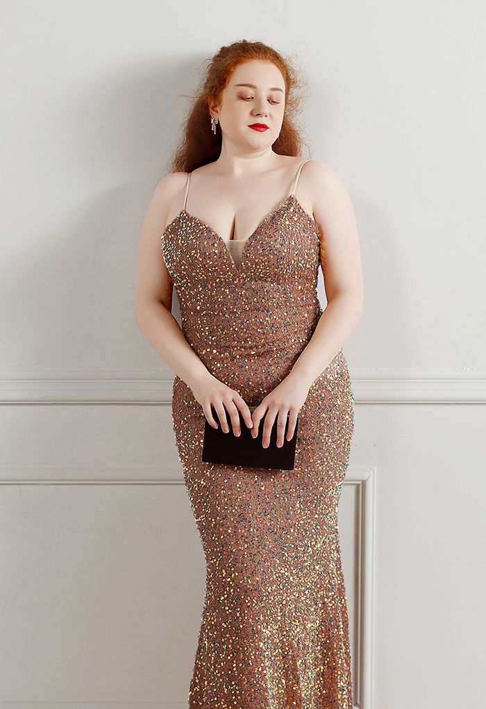 Mesh Inserted Sequined Mermaid Cami Gown in Brown