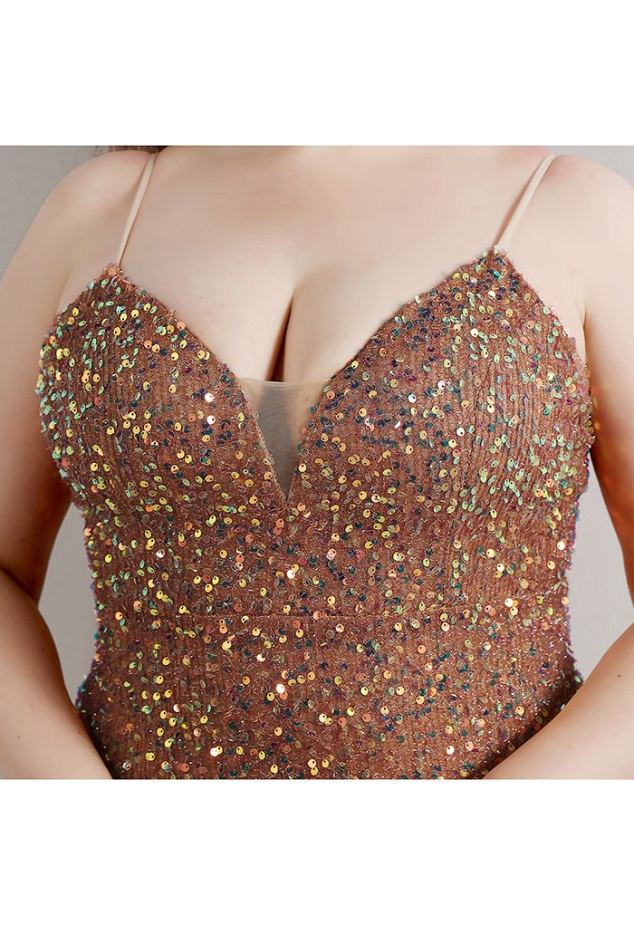 Mesh Inserted Sequined Mermaid Cami Gown in Brown