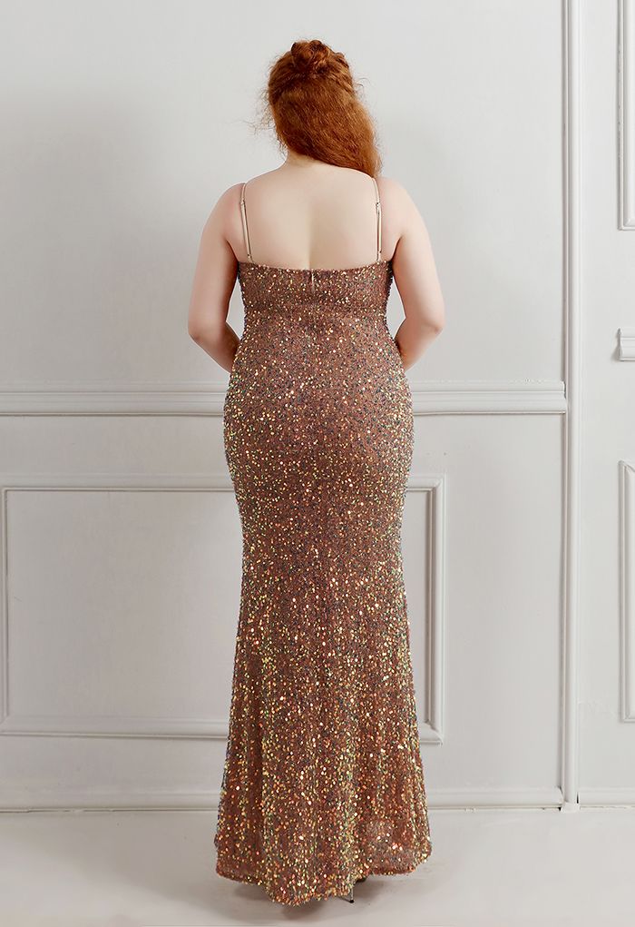 Mesh Inserted Sequined Mermaid Cami Gown in Brown