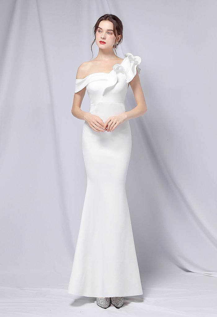 Ruffle One-Shoulder Mermaid Satin Gown in White