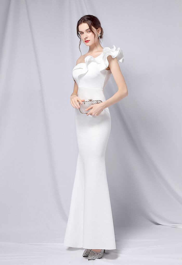 Ruffle One-Shoulder Mermaid Satin Gown in White