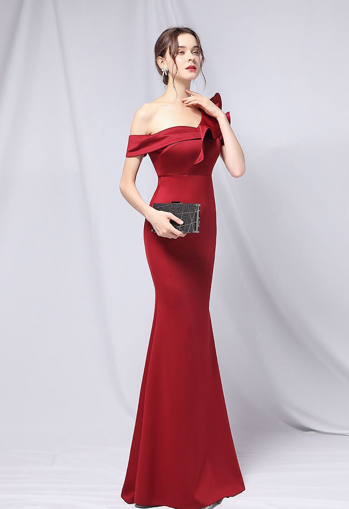 Ruffle One-Shoulder Mermaid Satin Gown in Burgundy