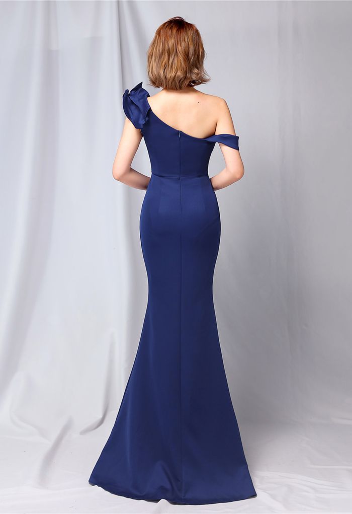 Ruffle One-Shoulder Mermaid Satin Gown in Navy