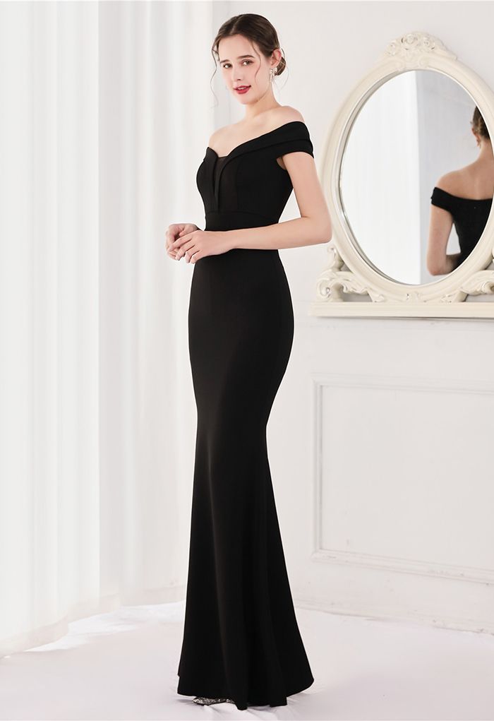 Off-Shoulder Mesh Inserted Satin Gown in Black