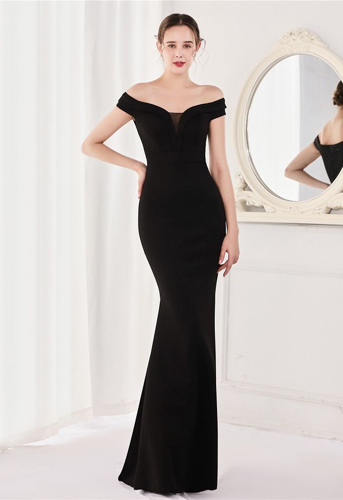 Off-Shoulder Mesh Inserted Satin Gown in Black