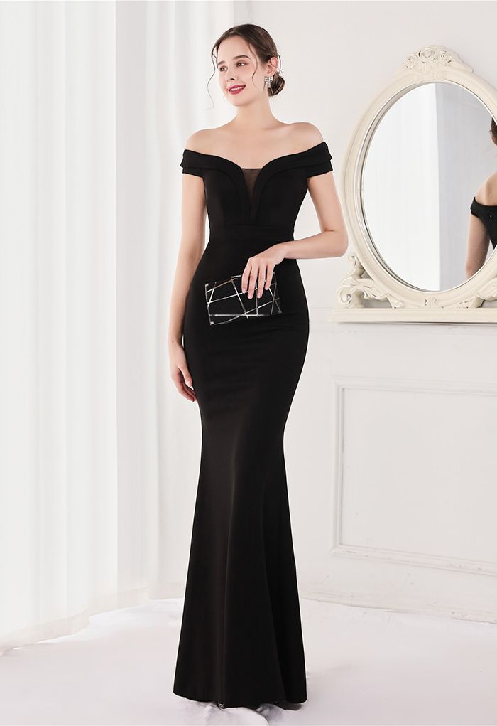 Off-Shoulder Mesh Inserted Satin Gown in Black