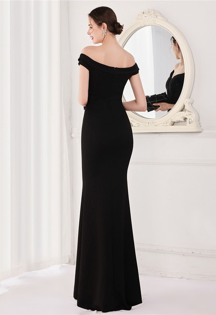 Off-Shoulder Mesh Inserted Satin Gown in Black