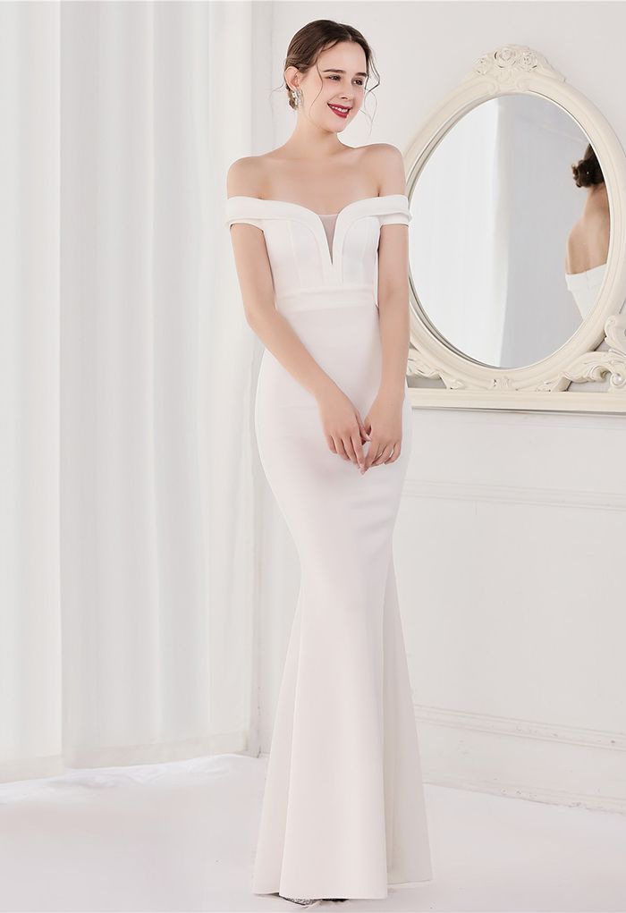 Off-Shoulder Mesh Inserted Satin Gown in White