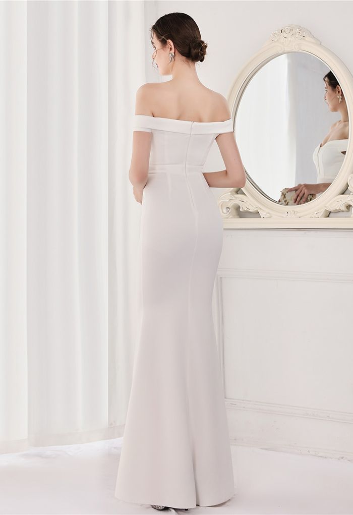 Off-Shoulder Mesh Inserted Satin Gown in White