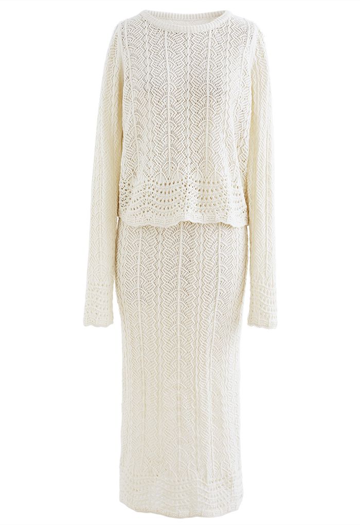 Hollow Scalloped Knit Sweater and Skirt Set