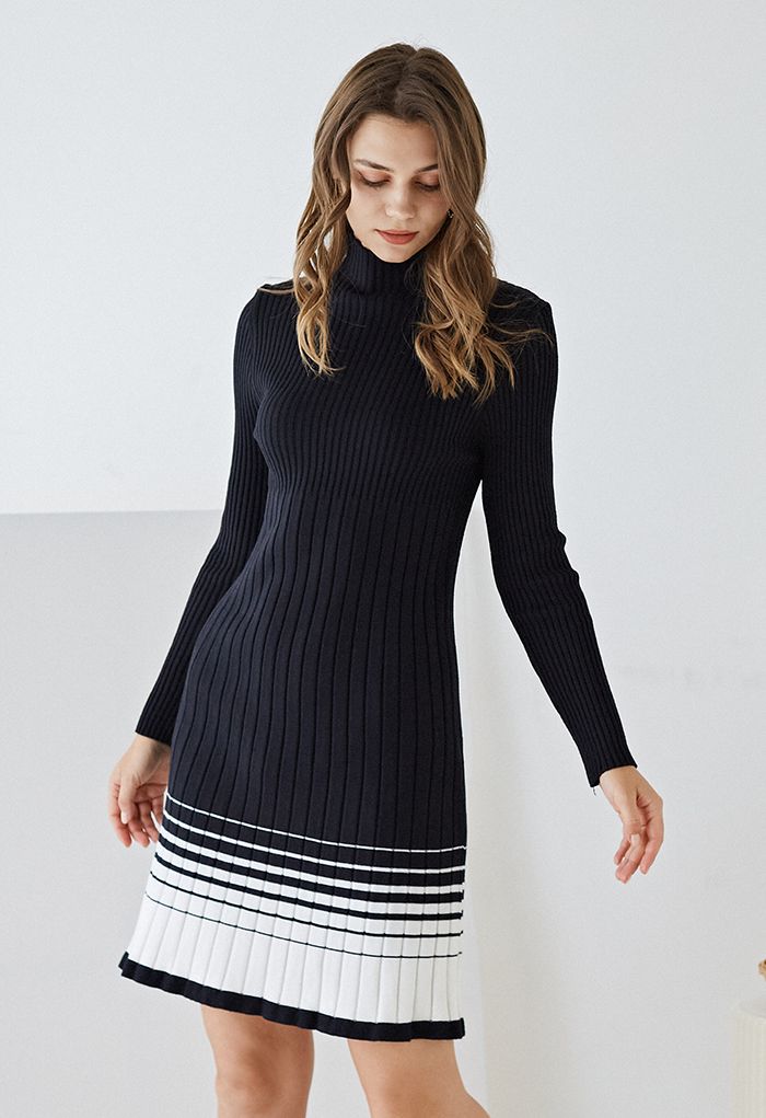 Contrast Hem Mock Neck Knit Dress in Black