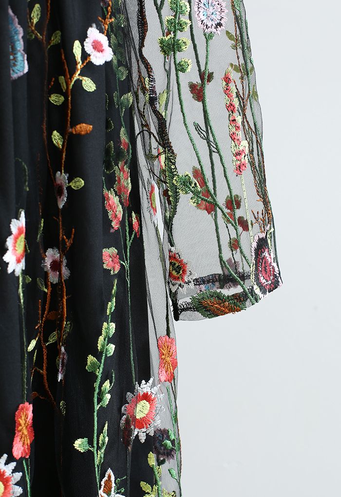 Lost in Flowering Fields Embroidered Mesh Maxi Dress in Black