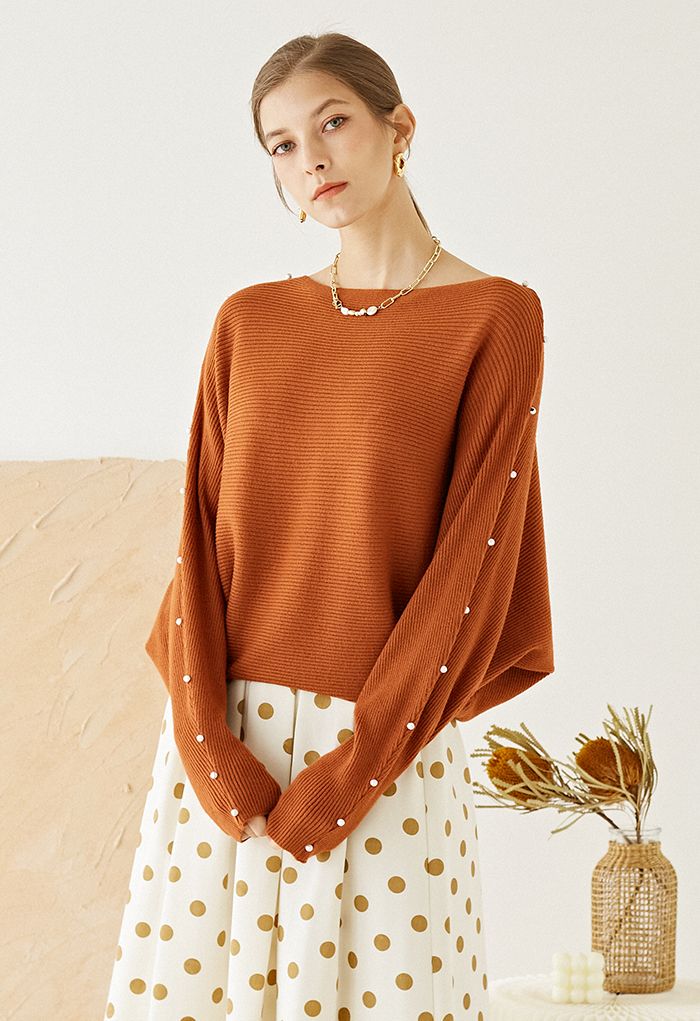 Pearly Batwing Sleeve Knit Sweater in Caramel