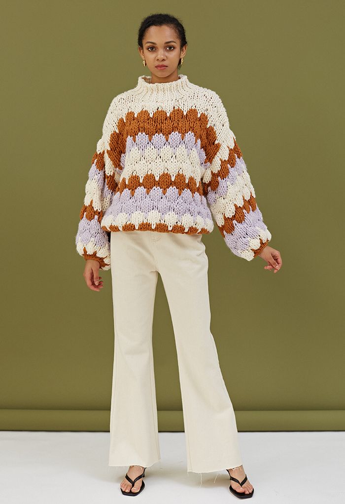 Color Blocked High Neck Hand-Knit Chunky Sweater in Cream