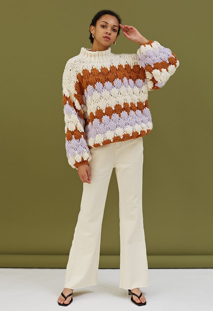 Color Blocked High Neck Hand-Knit Chunky Sweater in Cream