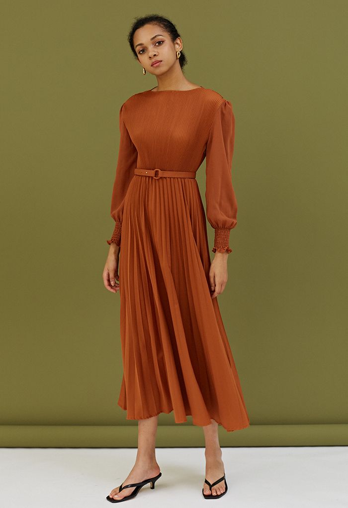 Full Pleated Belted Maxi Dress in Pumpkin