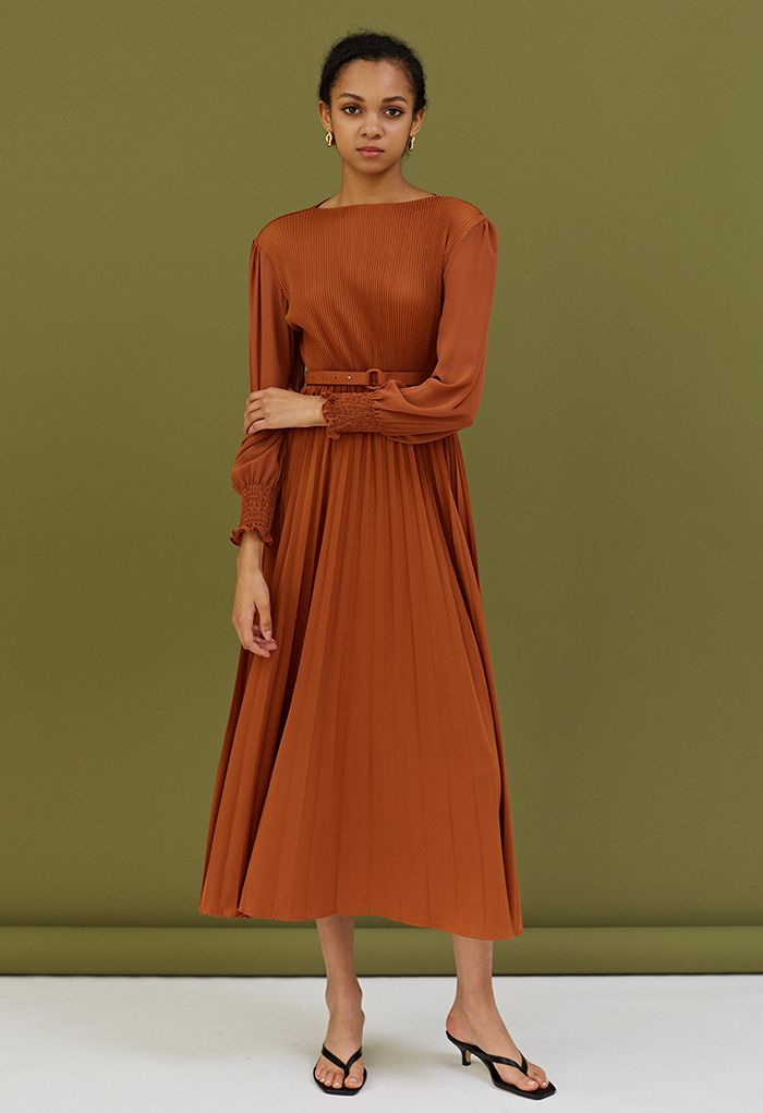 Full Pleated Belted Maxi Dress in Pumpkin