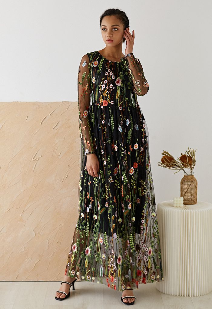 Lost in Flowering Fields Embroidered Mesh Maxi Dress in Black