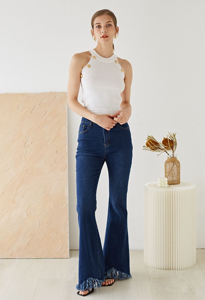 Tassel Hem Classic Pocket Flare Jeans in Navy