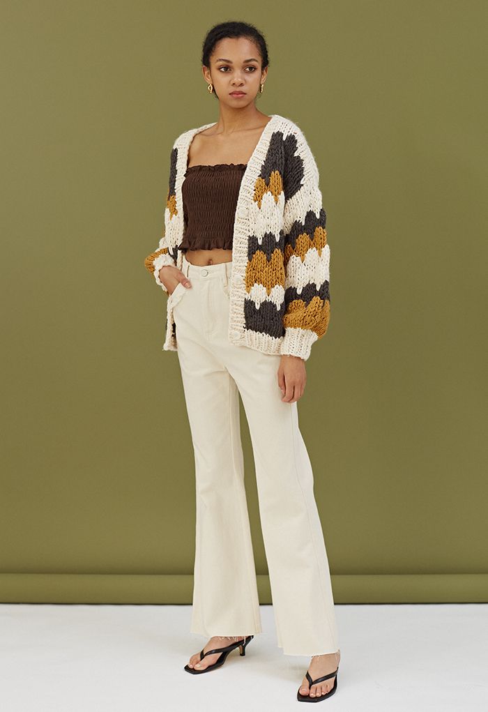 Color Blocked V-Neck Hand-Knit Chunky Cardigan in Smoke