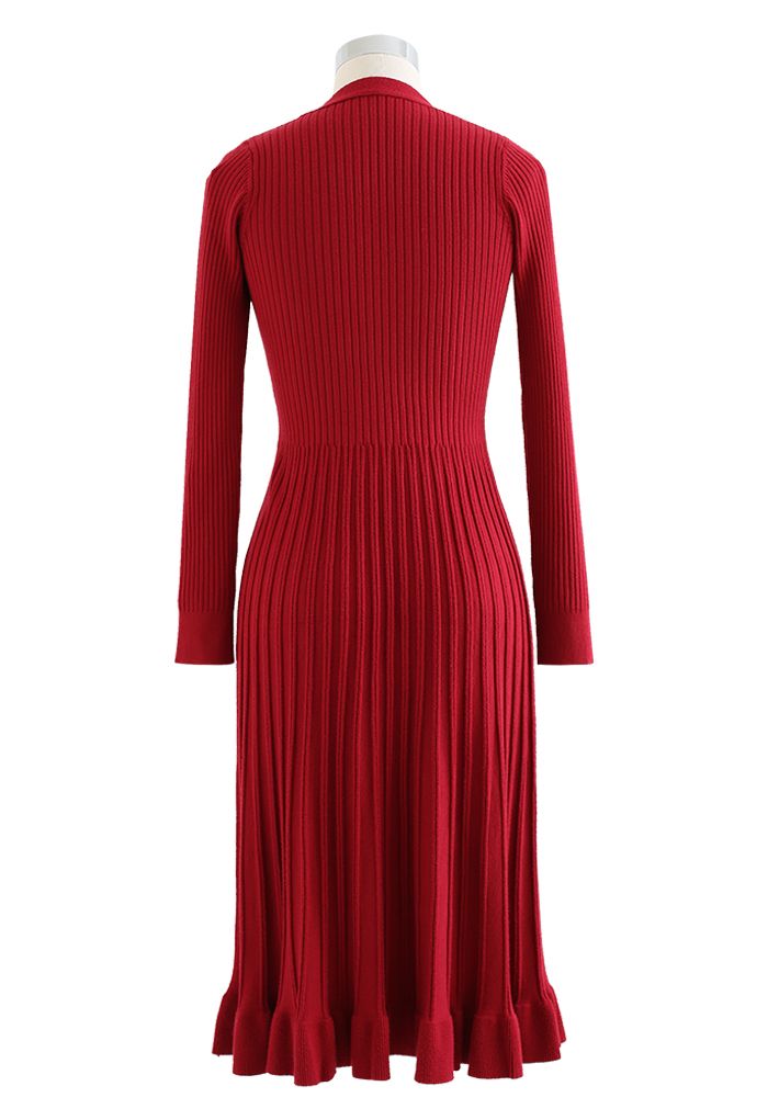 Button Front Ribbed Knit A-line Midi Dress in Red