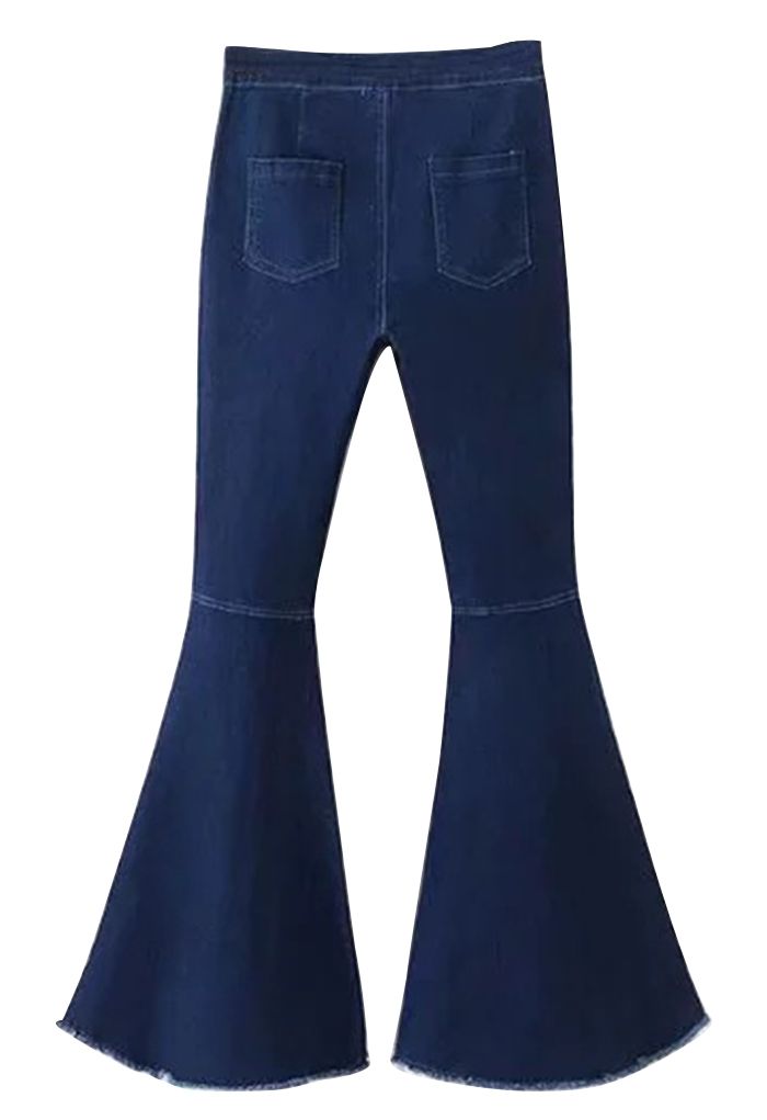 Stretchy Raw Hem Flare Jeans in Dark Blue