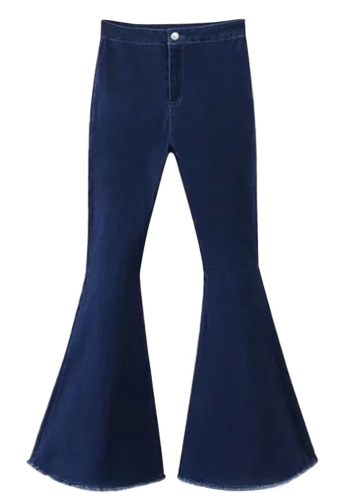 Stretchy Raw Hem Flare Jeans in Dark Blue