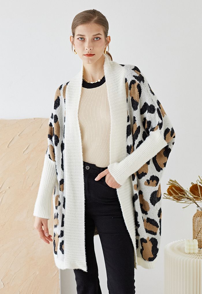 Fuzzy Leopard Batwing Sleeves Open Front Cardigan in Ivory