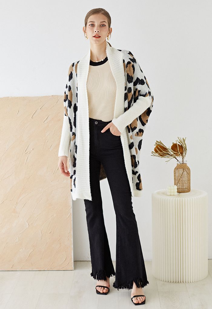 Fuzzy Leopard Batwing Sleeves Open Front Cardigan in Ivory