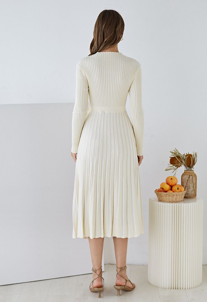 Front Pleats Splicing Belted Hi-Lo Knit Dress in Cream