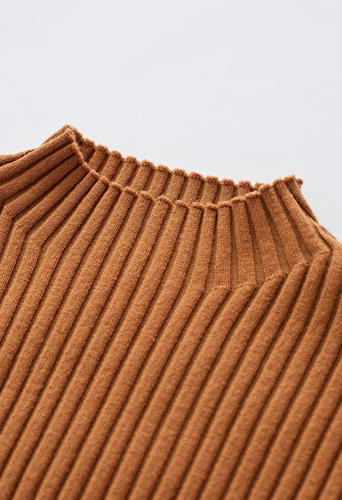 Front Pleats Splicing Belted Hi-Lo Knit Dress in Caramel