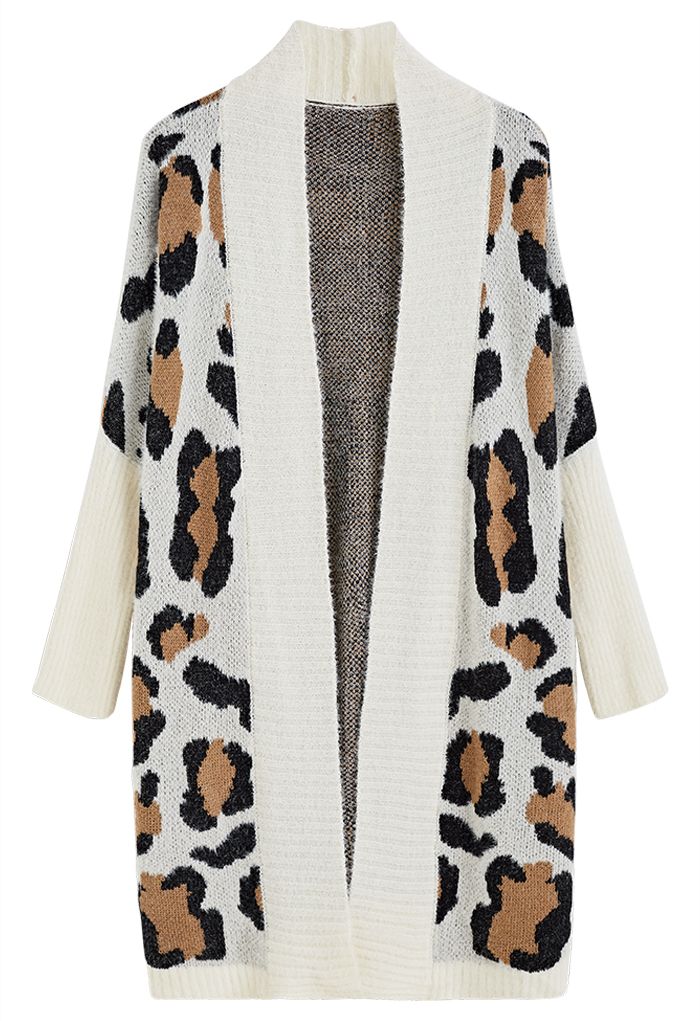 Fuzzy Leopard Batwing Sleeves Open Front Cardigan in Ivory