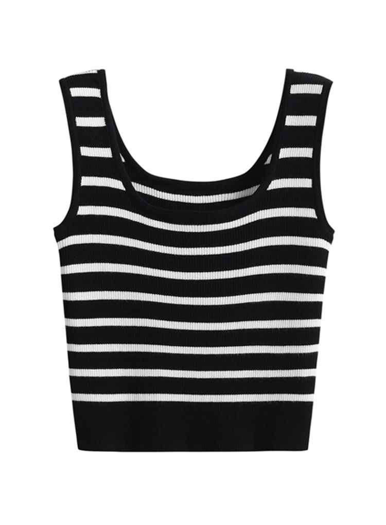 Striped Knit Crop Tank Top in Black