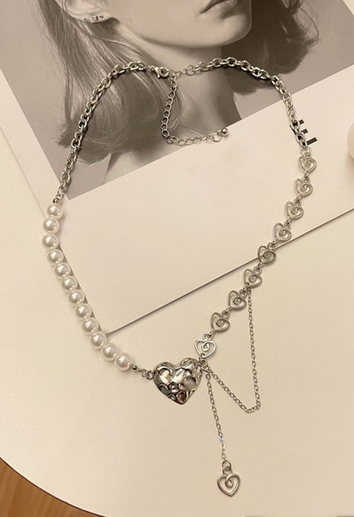 Pearly Hollow Heart Spliced Necklace