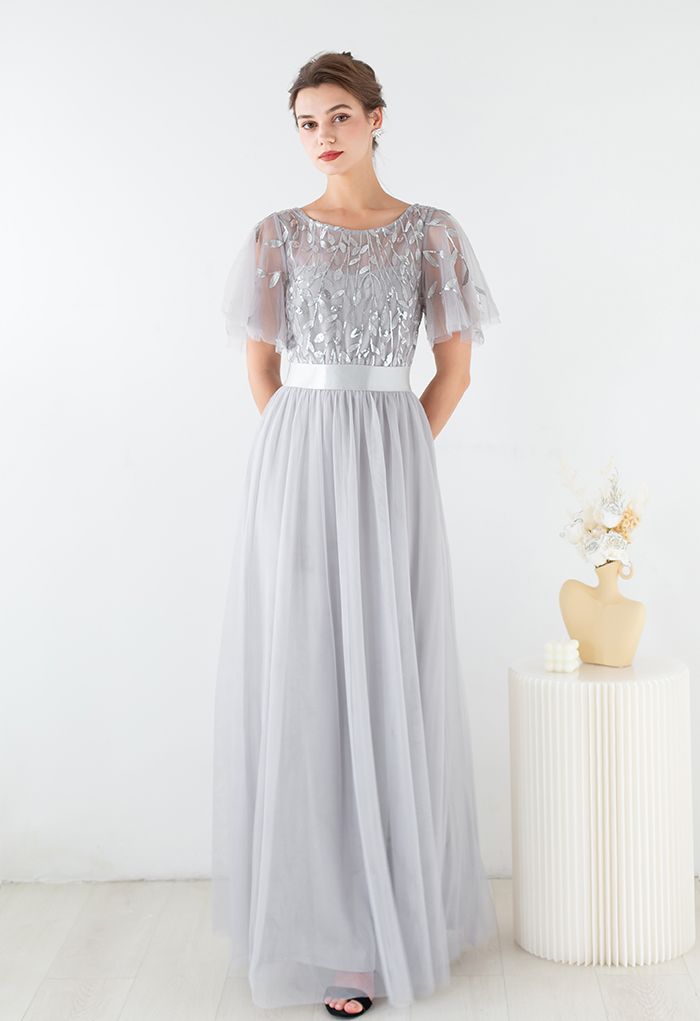 Sequined Vine Flutter Sleeve Mesh Gown in Grey