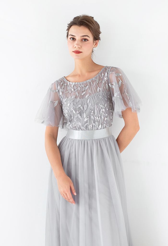 Sequined Vine Flutter Sleeve Mesh Gown in Grey