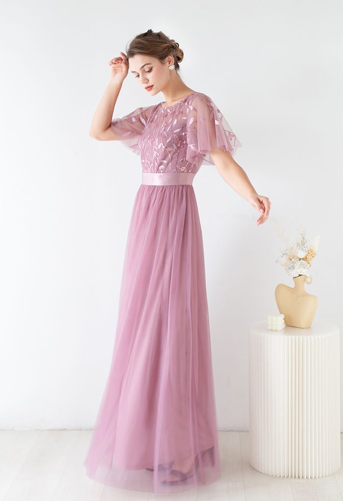 Sequined Vine Flutter Sleeve Mesh Gown in Dusty Pink