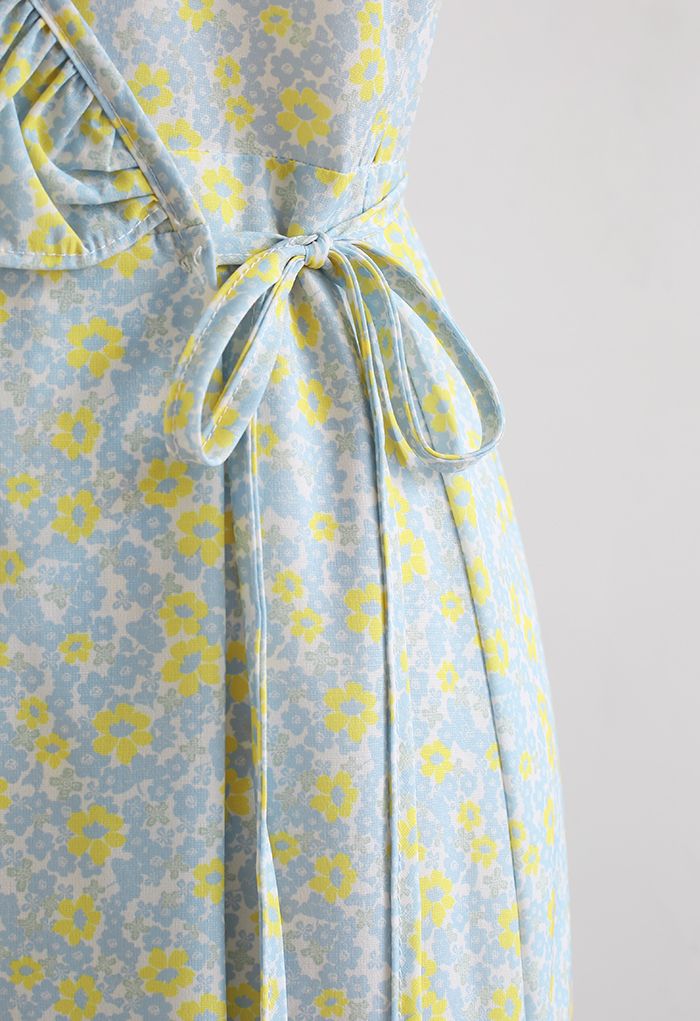 Ruffle Trim V-Neck Floret Chiffon Dress in Light Blue