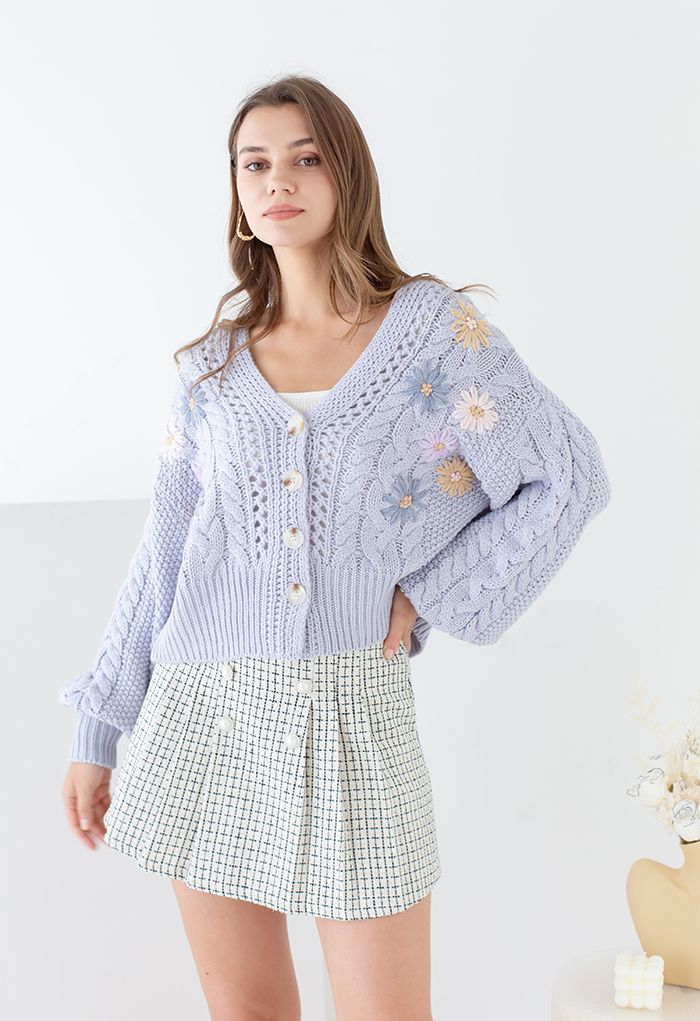 Stitched Flowers Braided Hand Knit Cardigan in Light Blue