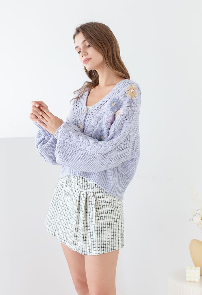 Stitched Flowers Braided Hand Knit Cardigan in Light Blue