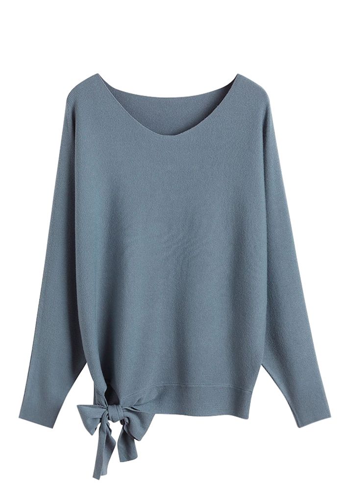 Batwing Sleeve Bowknot Oversize Sweater in Dusty Blue