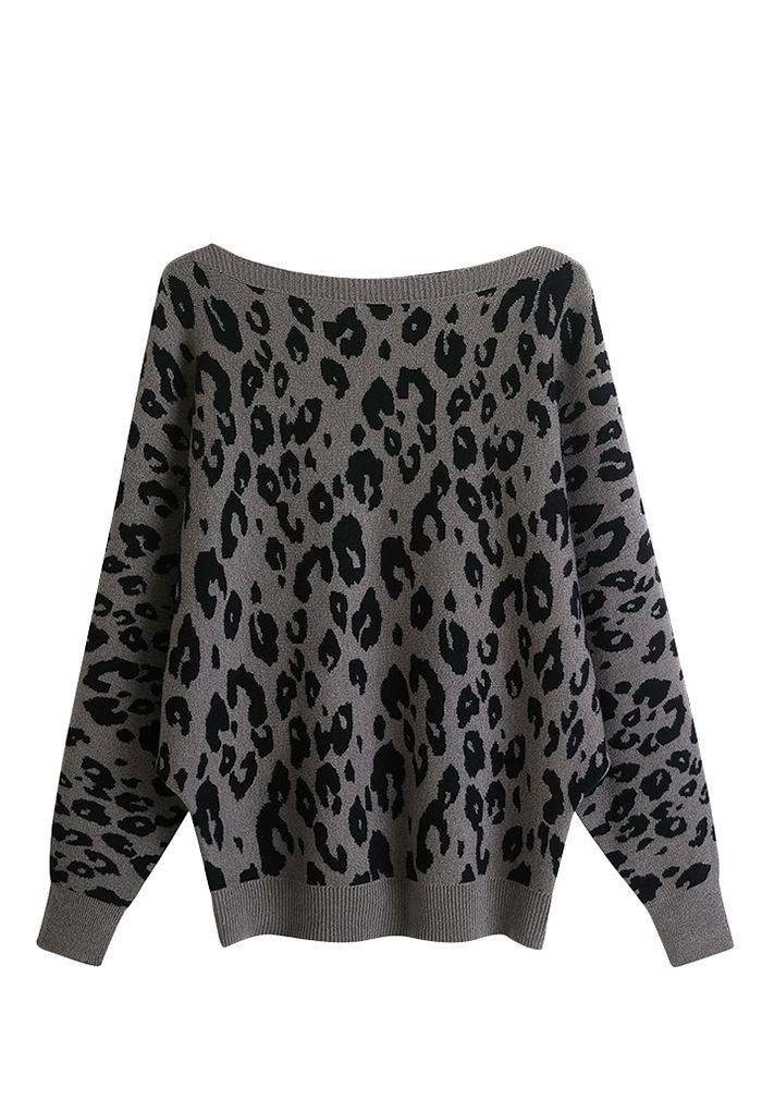 Leopard Jacquard Batwing Sleeve Sweater in Grey