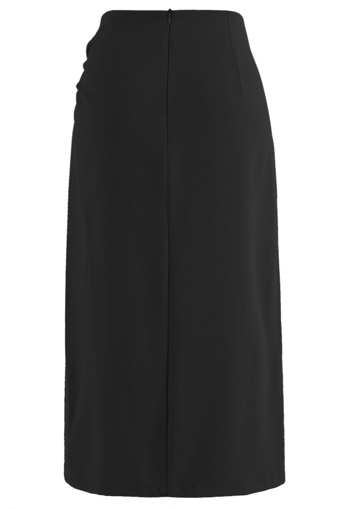 Side Ruched Slit Hem Pencil Skirt in Black